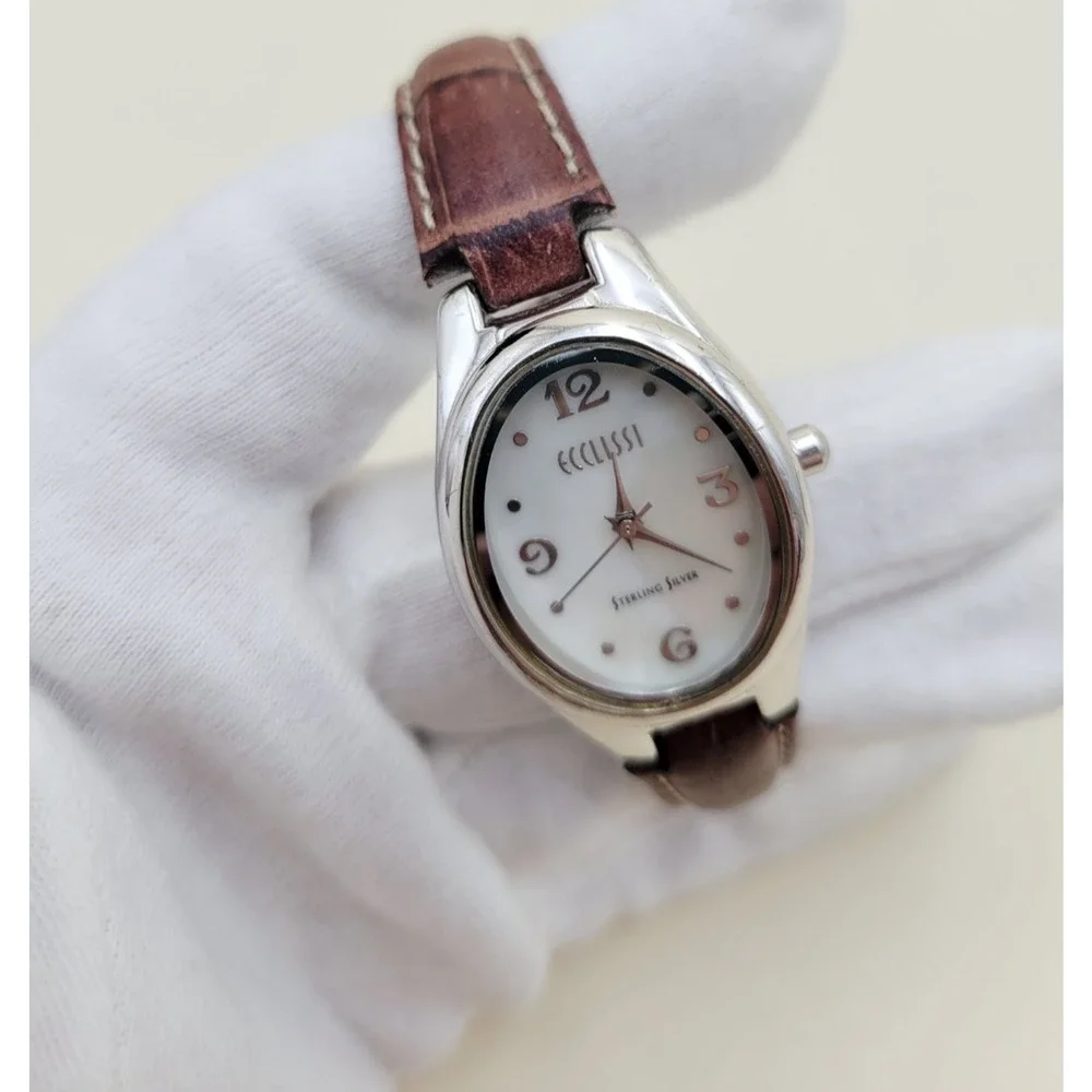 Ecclissi 22650 Women's Sterling Silver Watch Mother of Pearl Dial Brown Leather